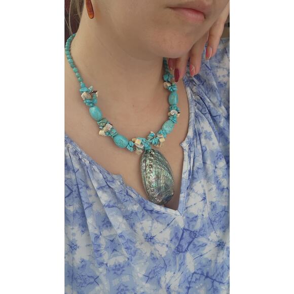 Hand Made Artisan Genuine Turquoise Blue Stone Abalone shell boho beach NECKLACE - Picture 5 of 12